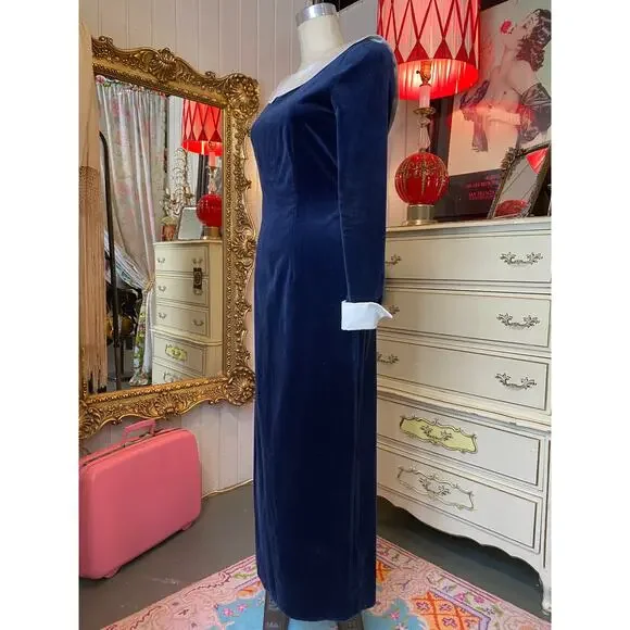 vintage 1980s blue velveteen gown reverse collar french cuffs 80s fashion velvet - Picture 8 of 10